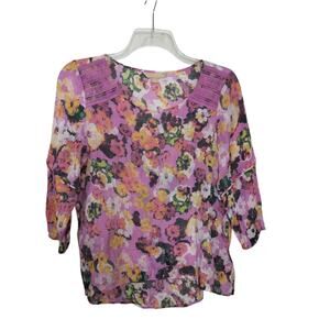 5205)Hope & Harlow Pink Floral Cottagecore Feminine Balloon Sleeve Blouse Med